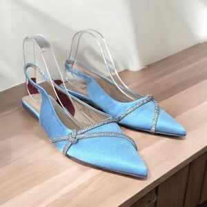 NWT Journee Collection Rebel satin slingback pointed rhinestone flat Blue 9.5